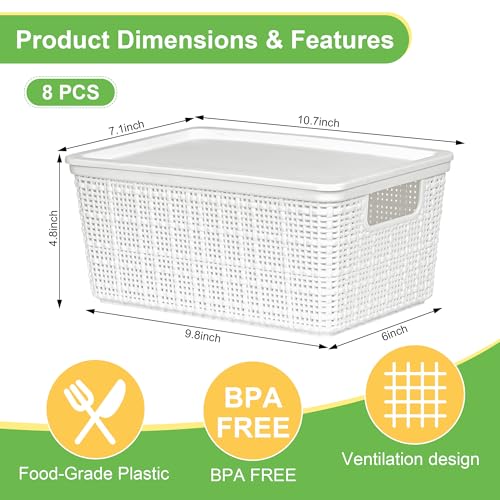 6 Pack Plastic Storage Baskets with Lid,White Stackable Bins - color: White