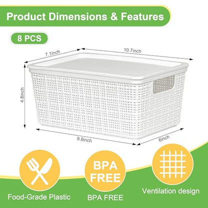 6 Pack Plastic Storage Baskets with Lid,White Stackable Bins - color: White