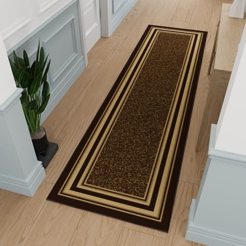 Ottomanson 3x10 Hallway Runner Rug – Non-Slip Kitchen Rugs - color: Border Brown, size: 2'7" x 9'6" (Runner)