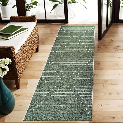 LIVEBOX 2x6 Green Entryway Runner Rug, Hallway Kitchen Cotton Woven Runners, Washable Narrow Rugs for Laundry Room (Dark Green & White) - color: Dark Green & White, size: 2' x 6' (Runner)