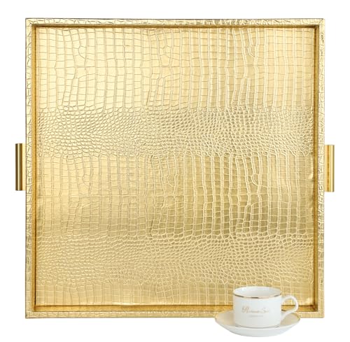 HofferRuffer Elegant Decorative Serving Tray, 20"x20" Square Faux Leather Ottoman Tray with Gold Hardware Handles, Coffee Table Serve Tea, Coffee or Breakfast (Gold, Square-20 inch) - color: Gold, size: 20" x 20" x 2"