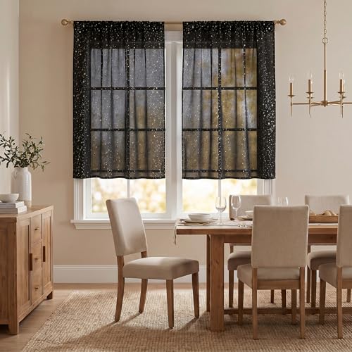 Horaldaily 2Pcs Black Tier Curtains 52x36in, Gold Sequin Star, Halloween - color: Black and Gold, size: 52"W x 36"L (Pack of 2)