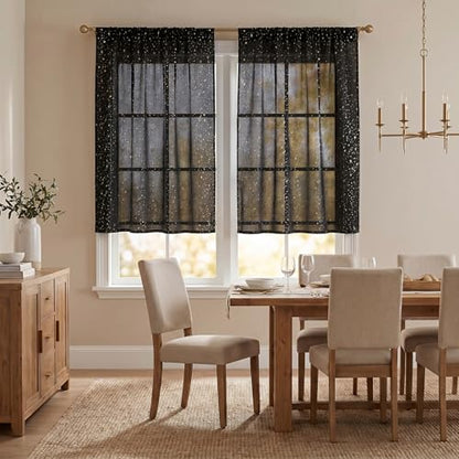 Horaldaily 2Pcs Black Tier Curtains 52x36in, Gold Sequin Star, Halloween - color: Black and Gold, size: 52"W x 36"L (Pack of 2)