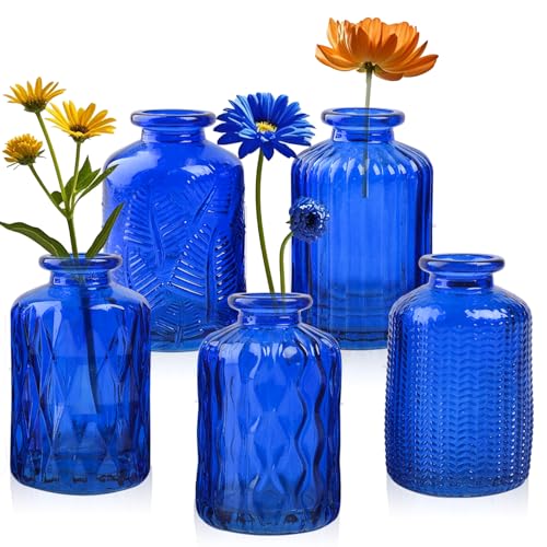 ELEGANTTIME Cobalt Blue Glass Bud Vase Small Flower Vase Mini Bottle with Cork Wire Handle Design for Deco Cafes, Office Table, Home and Garden(Set 5) - color: Cobalt Blue