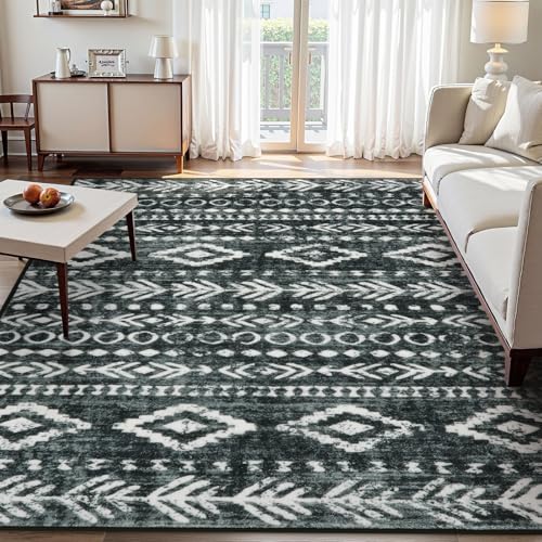 Lahome Moroccan Black 8x10 Area Rug, Machine Washable Non-Slip Boho Rug for Living Room, Ultra Soft Low-Pile Geometric Print Tribal Large Indoor Carpet for Bedroom Dining Room Home Decor Varena - color: Black/White, size: 8' x 10'