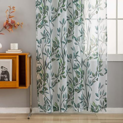 Green Leaves Sheer Curtains for Living Room 63 Inch Length 2 Panels - color: Leaf | Green, size: 50"W x 63"L (Pack of 2)