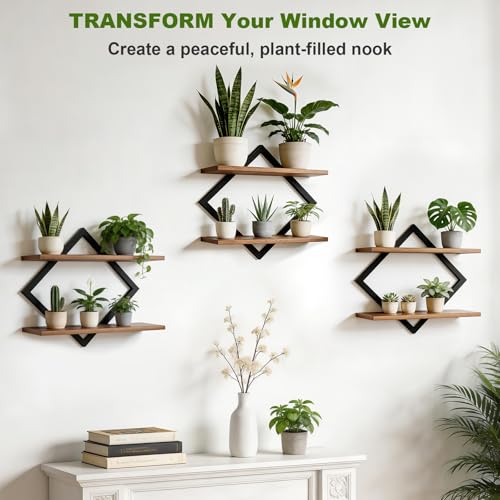 Set of 3 Floating Wall Shelves for Plants, Brown - color: Rustic Brown-3pack