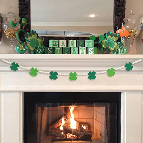 DAZONGE St. Patrick's Day Decorations, Wood Bead Shamrock Garland for St. Patrick's Day Decor, Lucky Felt Shamrock Garland for Mantel Wall Decor - color: Green