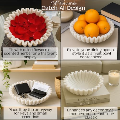 SWADESHI BLESSINGS Handcrafted Large Marble Ruffle Bowl for Home Decor, 10" - size: 10 Inches