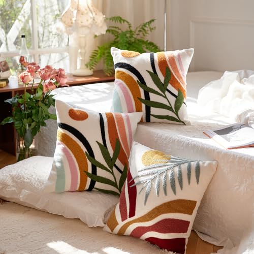 Bohu Farmhouse Colorful Rainbow Throw Pillow Covers 18x18, Textured Mid Century Tufted Abstract Pillowcase for Couch Sofa Bedroom Living Room,1PC - color: Black,yellow,green