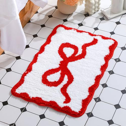Tinideya Red Bow Bathroom Rug 16" x 24" Scalloped Bow Bath Mat - color: Red, size: 16" x 24" (Rectangular)