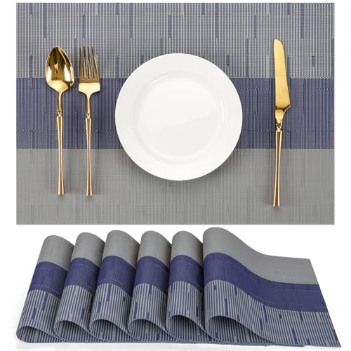 Placemats Set of 6, Vinyl Woven Heat-Resistant Place Mats - color: Blue Gray, size: Set of 6