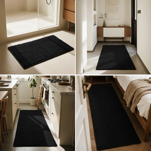 Triohero Black Waffle Runner Rug Bathroom, Long Boho Bath Mat, 24x72 - color: Black, size: 2' X 6' (Runner)