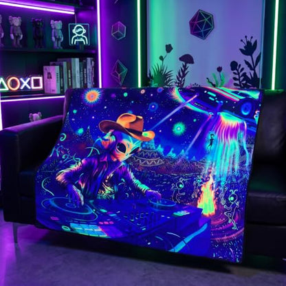 Blacklight Galaxy Alien Party Throw Blankets UV Reactive Night Sky Spaceship Throw Blanket Glow in the Dark Under Black Lights Game Room Decor Soft Throw Gifts 59x51 Inches - color: Alien Party