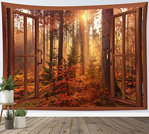 HVEST Fall Tapestry Autumn Maple Tree Forest Scenery outside Window Tapestry for Bedroom, Rustic Thanksgiving Wall Art for Living Room Dorm Holiday Wall Decor, 60W X 40H Inches - color: Brown, size: 40"L x 60"W