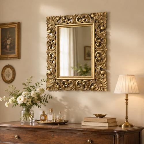 MIDEFINCH Antique Gold Wall Mirror, Ornate Carved Wood Frame, Vintage Decor - color: Antique Gold, size: 20"L x 16"W