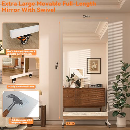 Hasipu 71" x 24" Home Gym Mirror 360° Swivel on Wheels, White - size: 71"L x 24"W