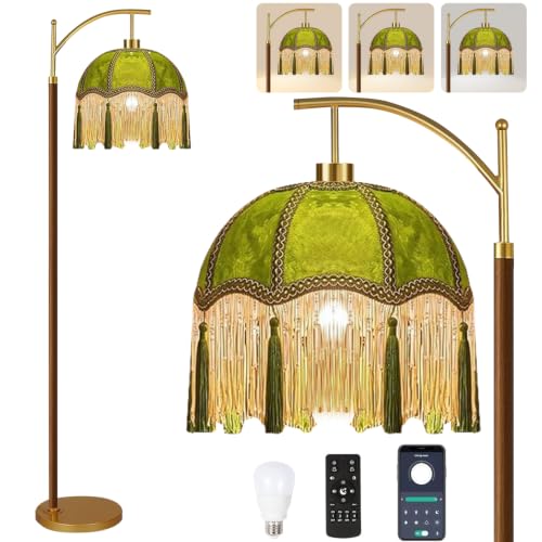 QIYIZM Vintage Floor Lamp for Living Room,Bedroom,Fringe Standing Lamp with Remote Dimmable,Green Mid Century Gold Arc Tall Lamp Boho Retro Wood Tassel Flower Unique Lamp Tiffany Victorian Decor - size: Floor Lamp--18