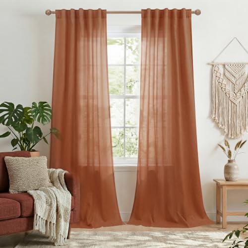 Terracotta Linen Narrow Drapes 84 Inch Length 2 Panels Set, Back Tab Rust Boho Rustic Fall Vintage Light Filtering Semi Sheer Skinny Curtains for Living Dining Room Bedroom, 42 x 84 Autumn Decor - color: Terracotta, size: 42"W x 84"L (Pack of 2)