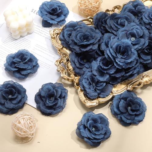 Yunlly 100 Pcs Blue Fake Silk Rose Flowers with Stems for Wedding - color: Navy Blue