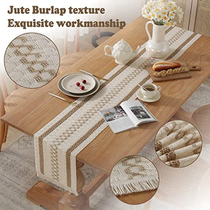 Boho Burlap Macrame Table Runner, Farmhouse Style Cotton Linen Rustic Woven Table Runner with Tassels for Dining, Wedding, Bridal Shower, Bohemian (12x72 inch, Coffee Lines) - color: Coffee Lines, size: 12x72 inch