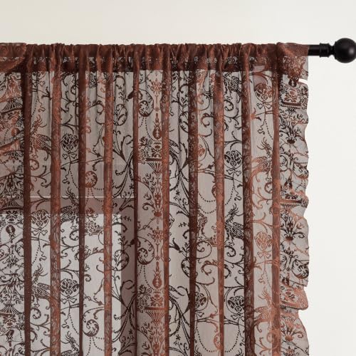TUDECO Brown Lace Floral Curtains 72 Inch Long, Ruffle Edge, 2 Panels - color: Brown, size: 59"W x 72"L (Pack of 2)