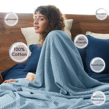 PHF 100% Cotton Waffle Throw Blanket Lightweight Breathable, Dusty Blue - color: Dusty Blue, size: Throw(50" x 60")