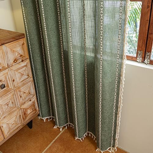 Sutuo Home Boho Kitchen Curtains with Beige Tassels, Semi Blackout Linen French Country Shabby Chic Window Treatment Bohemian Embroidery Knitted Drape, Rod Pocket 1 Panel 52" W x 63" L, Olive Green - color: Olive Green Stripes, size: 52"W x 63"L (Pack of