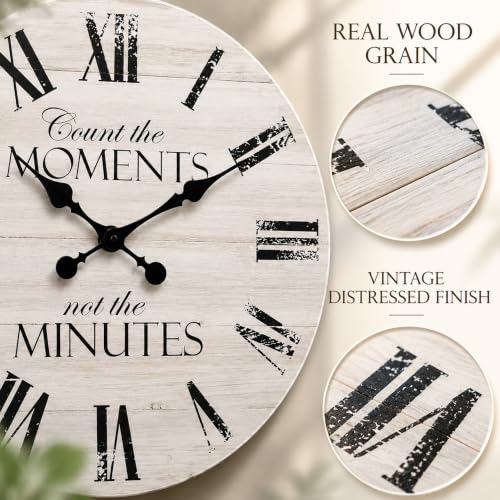 24 Inch Inspirational Farmhouse Wall Clock, Silent Non-Ticking, White Distressed Shiplap Wood, Battery Operated Rustic Quartz Clock for Living Room, Kitchen, Bedroom, Home Office Decor