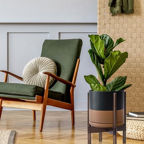 D'vine Dev Ceramic Pot with Walnut Wood Stand, Black/Tan, 8 in, 55-B-Y-7 - color: Black/Speckled Tan Pot + Walnut Color Stand, size: 8 Inch