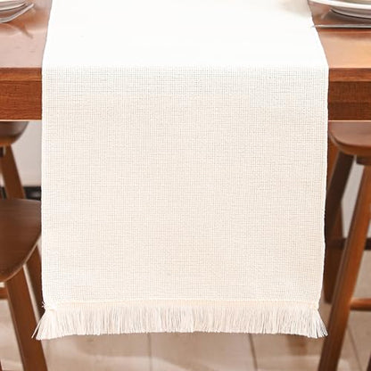 Beige Table Runner 12×120 Inches Long with Fringe Boho Fall Decor - color: Beige