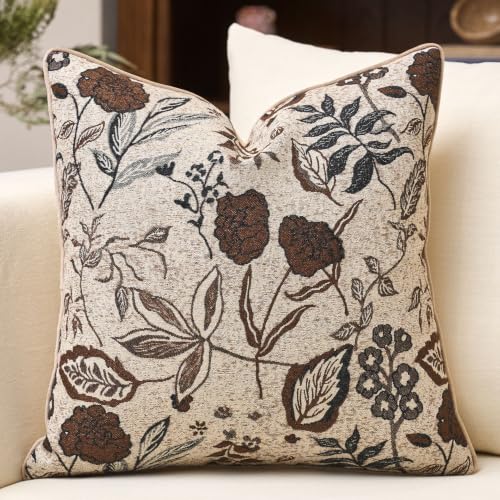 Beige Brown Floral Textured Throw Pillow Cover 18x18 Fall Vintage Rust Pillow Cover Farmhouse Summer Leaf Cushion Cover Chenille Neutral Flower Pillowcase Home Decor for Sofa Living Room Bed - color: Beige and Brown, size: 18" x 18" (Pack of 1)