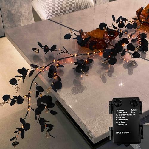 LITBLOOM Halloween Garland with Lights 6FT Battery Operated with Timer, Lighted Black Eucalyptus Garland with 96 Orange and Warm White Lights 10 Functions for Fireplace Table Fall Halloween Decoration - style: Black Eucalyptus