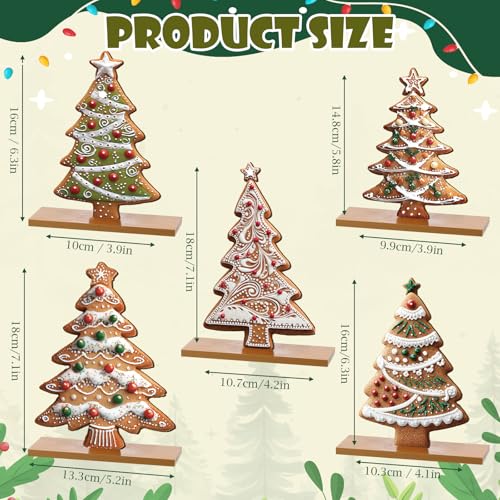 RattanView 5 Pcs Gingerbread Christmas Table Decorations Wooden Gingerbread Tree Decor Christmas Centerpiece Ginger Bread Village Decoration Winter Tiered Tray Decor with Base for Xmas Home Kitchen - style: Gingerbread Tree