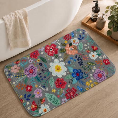 Floral Bathroom Rugs Cute Bath Mat Small, Flower Rug Non Slip Washable Bath Rugs, Soft Shower Rug for Bathtub Floor Decor - color: Floral Grey, size: 1'5" x 2'3" (Rectangular)