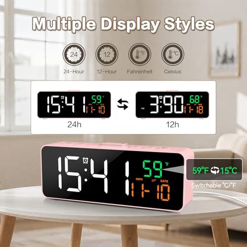Netzu 3-in-1 Digital Clocks for Living Room, Small & Compact Alarm Clock - color: Pink