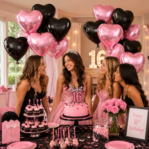 Pink Black Heart Foil Balloons,12Pcs 18Inch Heart Shaped Balloons - color: Black Pink
