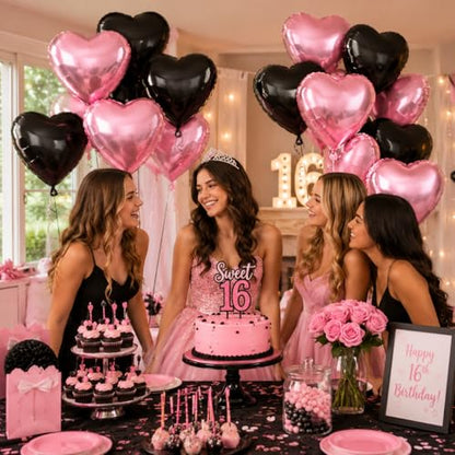 Pink Black Heart Foil Balloons,12Pcs 18Inch Heart Shaped Balloons - color: Black Pink