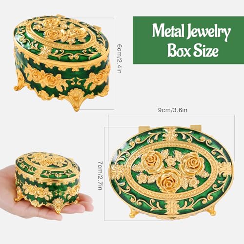 Vintage Jewelry Box, Gold Oval Treasure Ring Box, Metal Trinket Organizer Keepsake Box Gift for Girl Women, Green