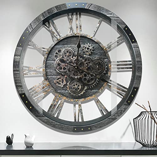 27" Real Moving Gears Large Wall Clock with Toughened Glass Cover, Giant Wood Farmhouse Clock, Oversized Vintage Industrial Rustic Clock for Living Room Decor Home Kitchen (Carbon Grey) - color: Carbon Grey, size: 68cm / 27 inch