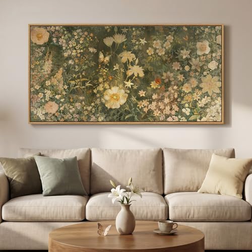 Large Framed Vintage Floral Botanical Wall Art for Living Room, 30x60 In - color: Vintage Green Yellow, size: 60"L x 30"W