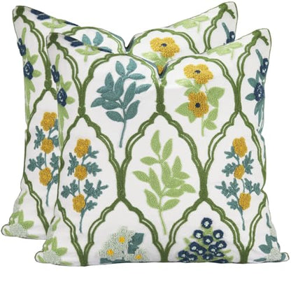 Blue Green Floral Embroidered Throw Pillow Covers 18x18 Set of 2 - color: Green Blue Yellow, size: 18" x 18" (Pack of 2)