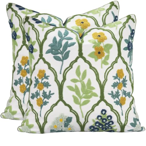 Blue Green Floral Embroidered Throw Pillow Covers 20x20 Set of 2 - color: Green Blue Yellow, size: 20" x 20" (Pack of 2)