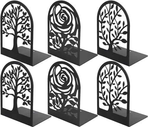MaxGear Metal Book Ends 3pair, Heavy Duty Bookends for Shelves Decorative with 1pair Book Ends Tree Design Modern Bookends Non-Skid Bookend