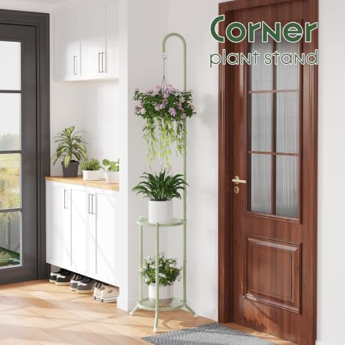 Metal Plant Stand With Hanging Hook, 2-Tier Flower Pot Display rack, Green - color: Mint Green