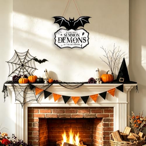 Funny Halloween Bathroom Decor-Please Don't Summon Demons Spooky Wood Sign - color: Demons