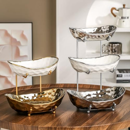 2-Tier Fruit Bowls for Kitchen Counter,Ceramic Bowl with Gold Metal Stand,2 Tier Fruit Basket for Fruit,Snack,Cake,Nuts,Dessert Space Saving Storage - color: Gold