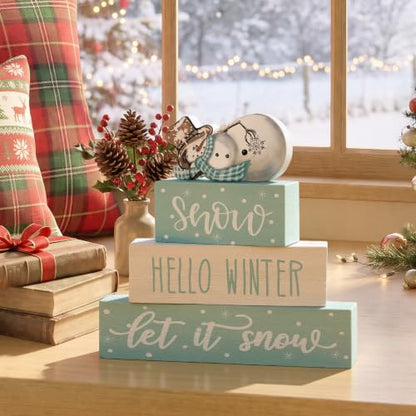 Smile 4 Pcs Christmas Signs Wooden Indoor Tabletop Decorations - style: Let It Snow
