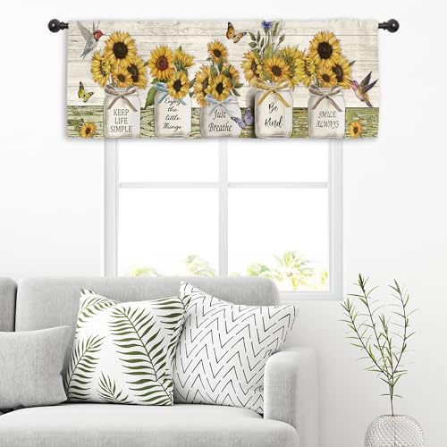 Miyotaa Rustic Farmhouse Sunflower Kitchen Curtain Valance 54W x 18H Rod Pocket Coutry Quotes Inspirational Motivational Positive Wood Wooden Window Treatment for Living Room Bedroom Bathroom - color: White Wood Sunflower, size: 54"W x 18"L (Pack of 1)