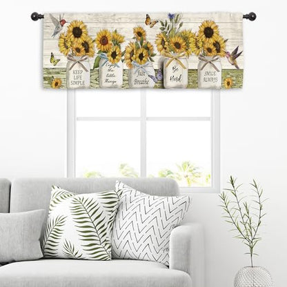 Miyotaa Rustic Farmhouse Sunflower Kitchen Curtain Valance 54W x 18H Rod Pocket Coutry Quotes Inspirational Motivational Positive Wood Wooden Window Treatment for Living Room Bedroom Bathroom - color: White Wood Sunflower, size: 54"W x 18"L (Pack of 1)